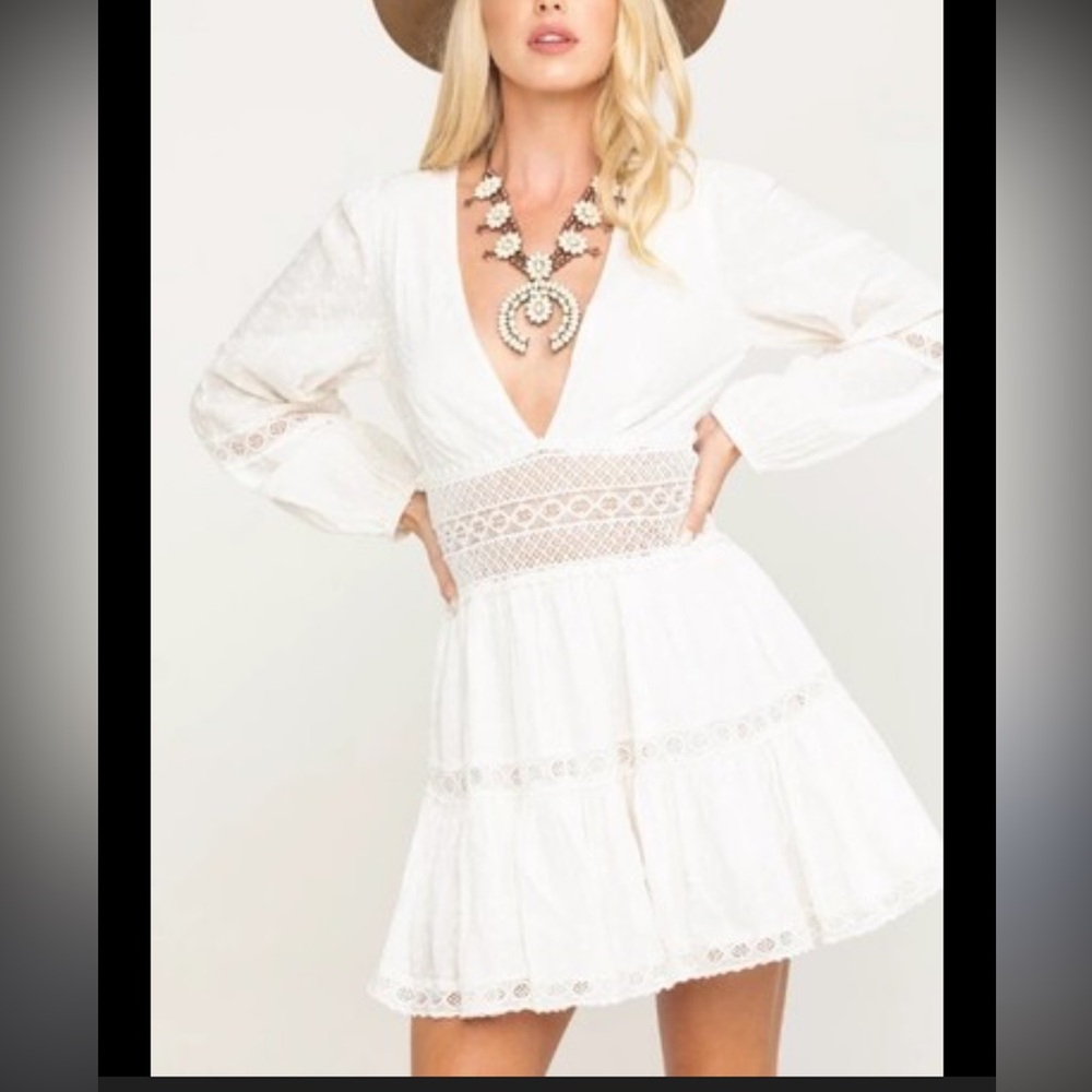 Free People White Lace V-Neck Tiered Mini Dress